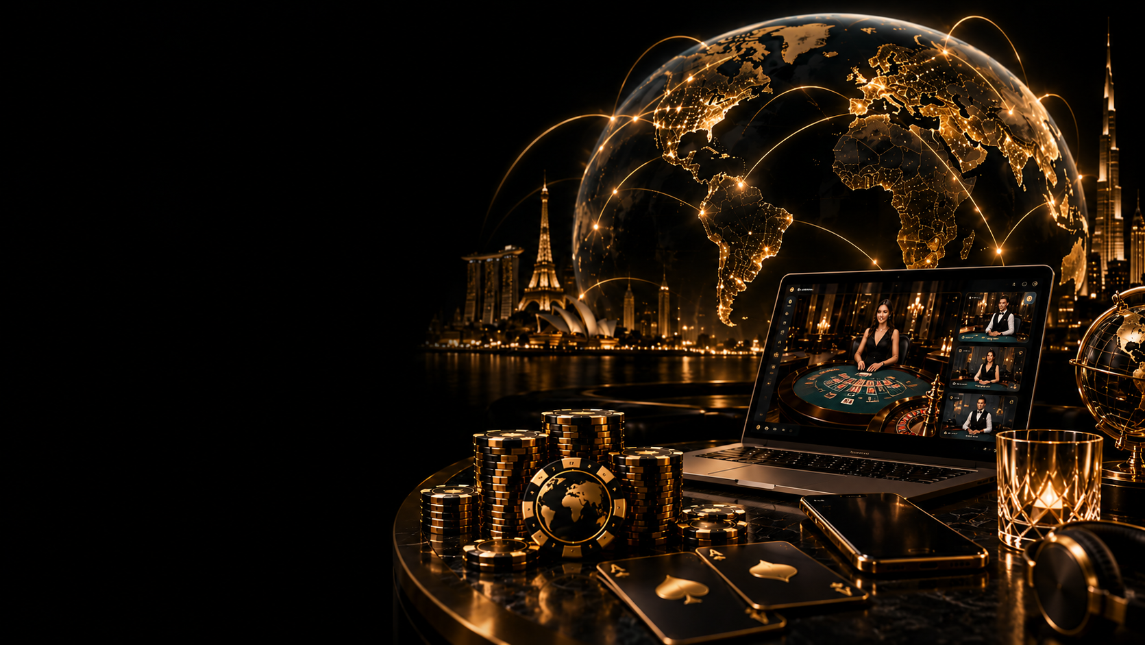 A globe traced with gold connection lines above a live online casino table