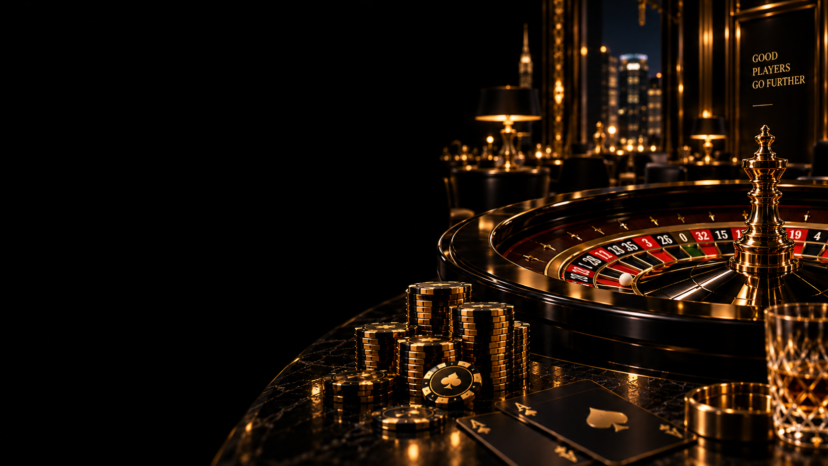 A roulette wheel and gold chips on the table of a participating casino