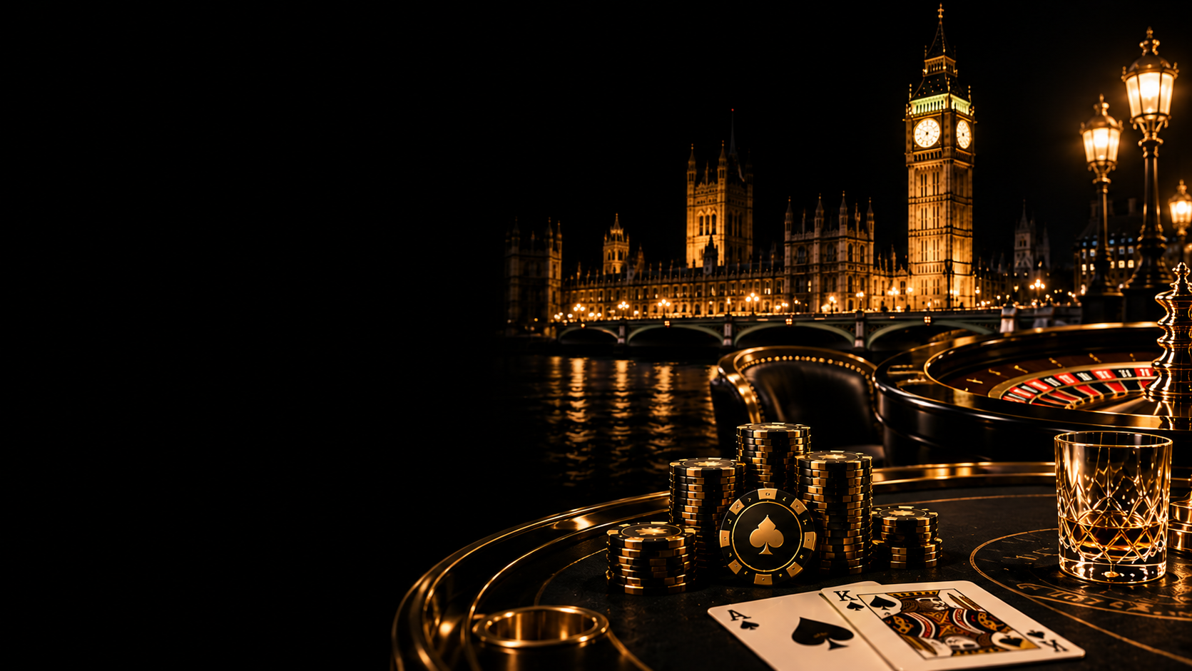 The Palace of Westminster at night above a casino table with gold chips and cards